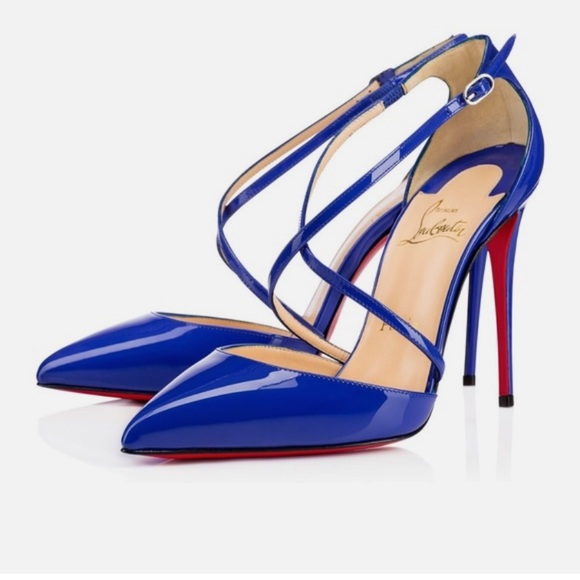 Christian Louboutin | Electric Blue Patent Leather Criss Cross Blake 100 Pumps - Picture 3 of 17